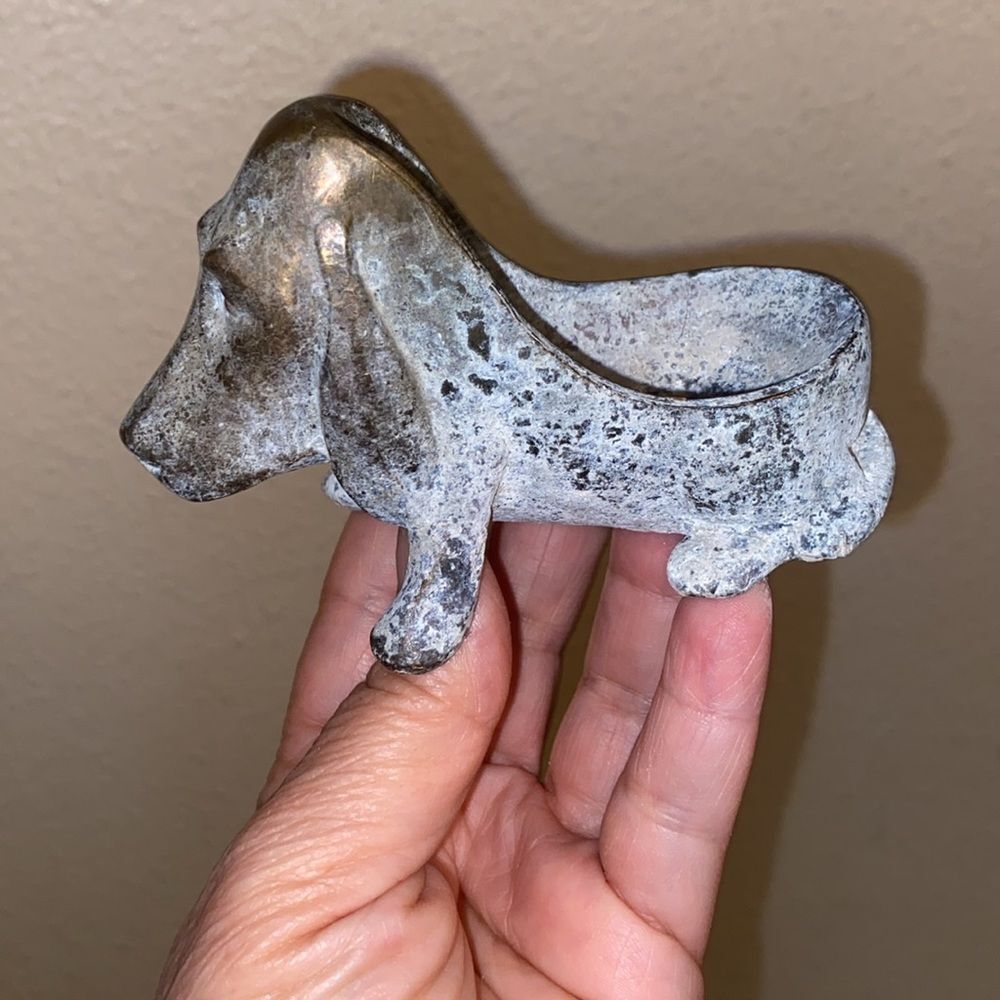 Antique Metal Dachshund Bassist Hound Dog Pipe Rustic Dog-Shaped Planter 1930s
